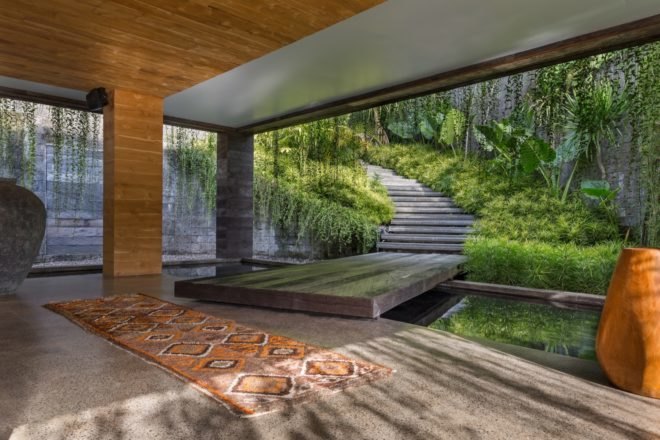 stairway from inside home to outdoor greenery space