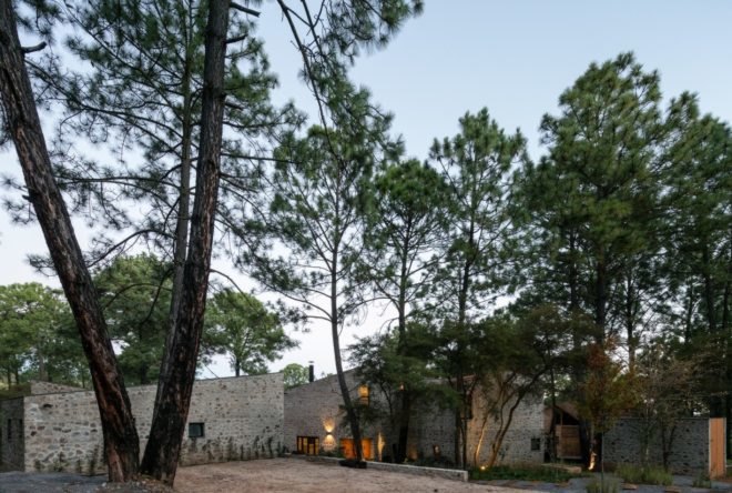 exterior view of the stone volumes and tall trees surrounding them