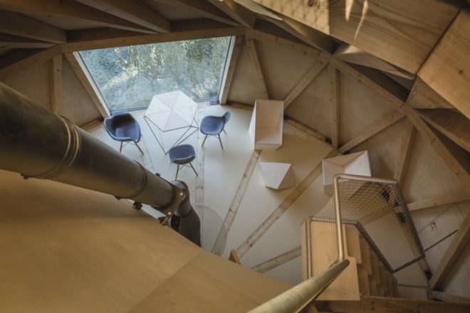 view from above of the dining space with table and chairs