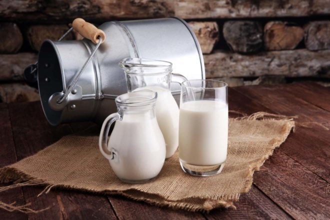 several glass pitchers of milk