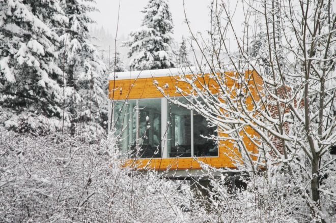 exterior of elevated home in wintry forest