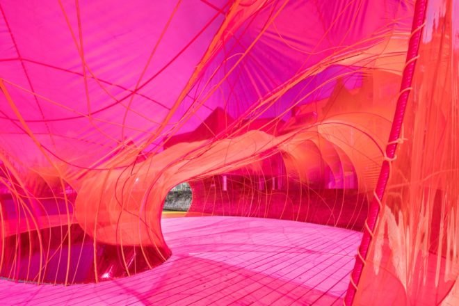 Bright pink transparent vinyl covering on pavilion