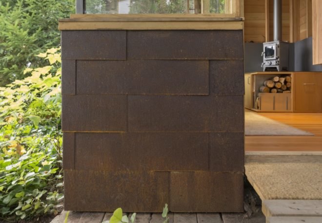 close up of Corten steel siding