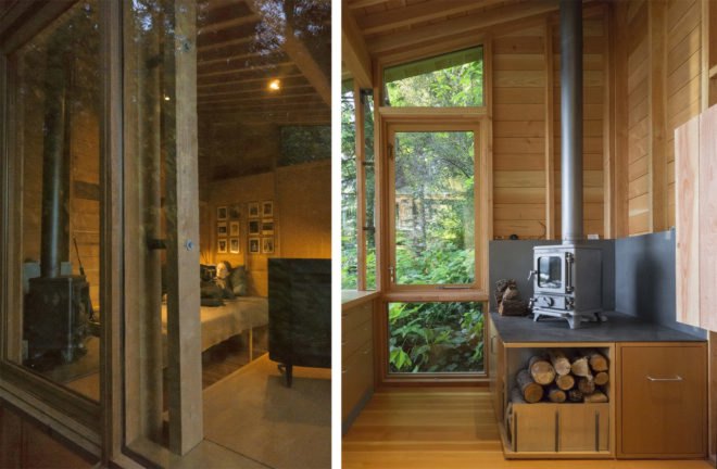On the left, child reading a book on a bed inside the cabin. On the right, close up of small wood burning stove.