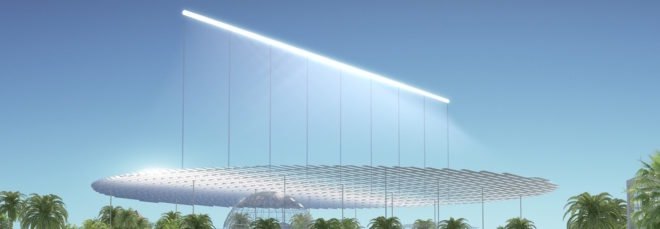 rendering of a large sculpture with a piece resembling a ray of light from the sun