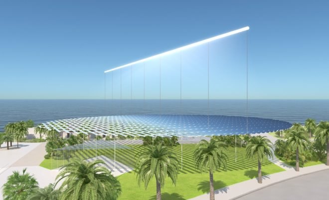 rendering of the sculpture with ocean in the background