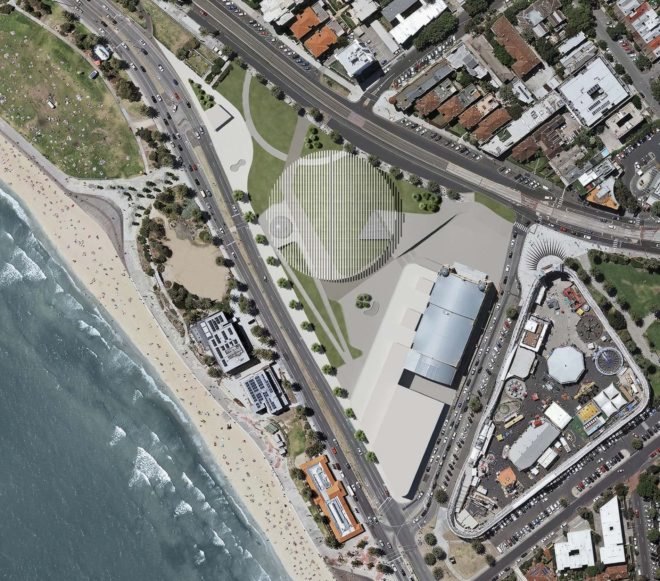 aerial view of the sculptural pavilion near the ocean