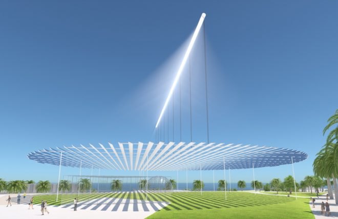 rendering of large metal sculpture with thin poles holding up a long narrow light
