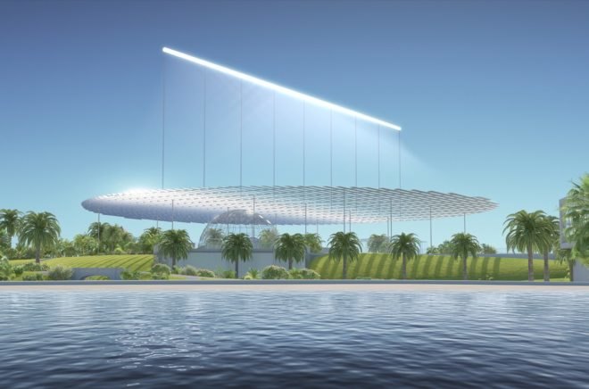 rendering of a large sculpture with a piece resembling a ray of light from the sun