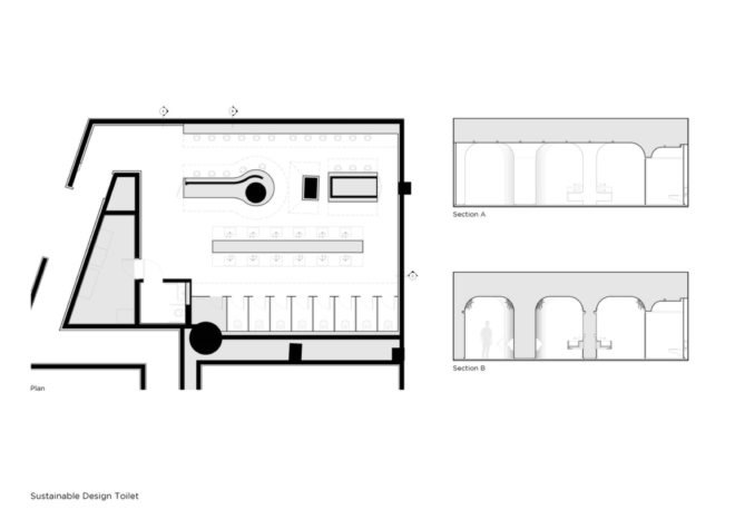 bathroom plan and section views of the men's bathroom