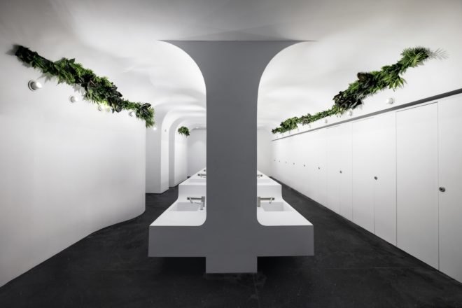 modern sinks in bathroom with plants near the ceiling