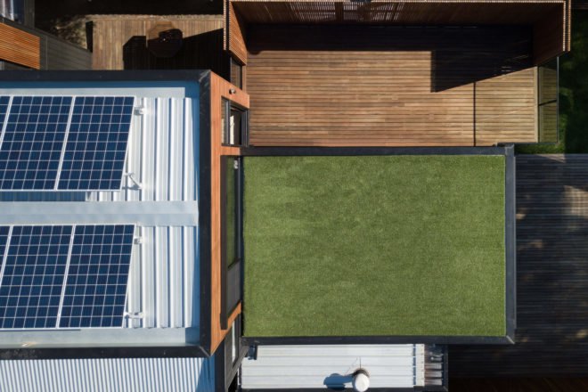 Aerial view of green turf roof