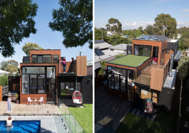 Left image of modern home, right image of home and green turf roof