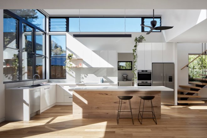 Kitchen with island and stools