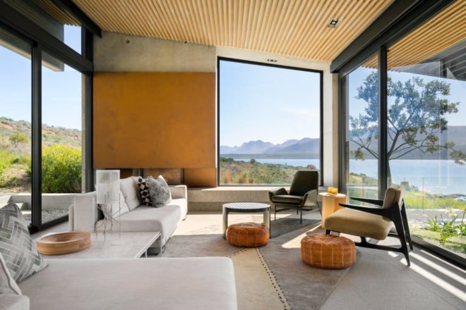 Living room with white sofa and panel windows
