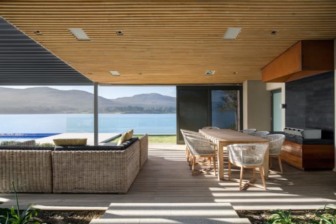 Open living space with view of cove