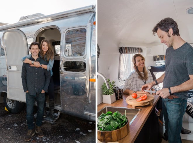 Left, Kerri and Patrick outside of an Airstream. On the right, Kerri and Patrick cooking inside the Airstream.