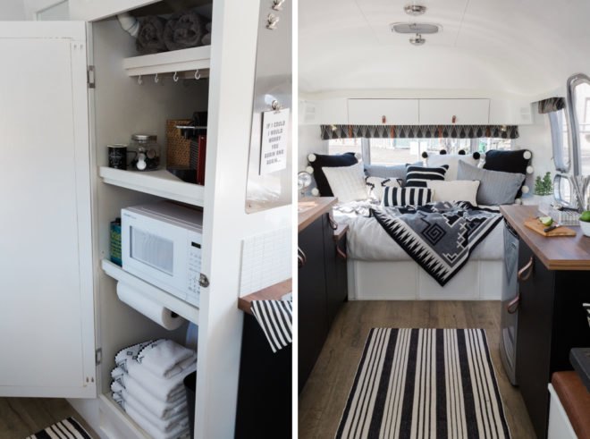 Left, cabinet holding microwave and towels. Right, a seating area with lots of black and white pillows.