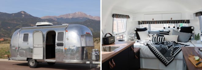 Left, exterior of the Airstream. Right, kitchen and seating area with black, white and leather accents.