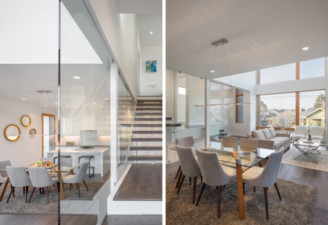 Left image of floating staircase, right image of living space with chairs and large windows