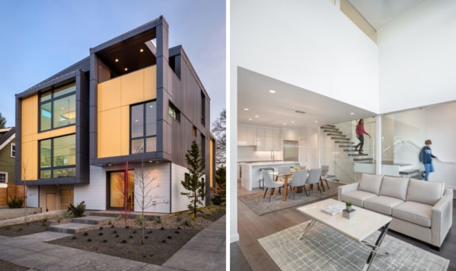 Exterior view of modern duplex and interior view of minimalist home