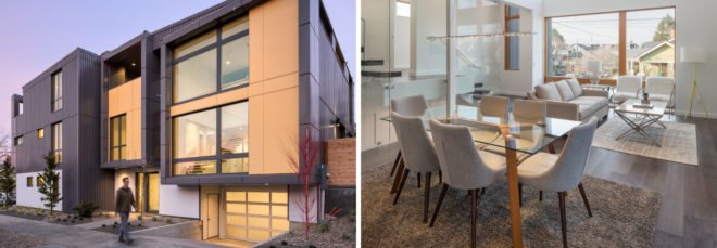 Exterior view of modern duplex and interior view of minimalist home