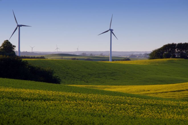 Wind turbines on hilly landscape