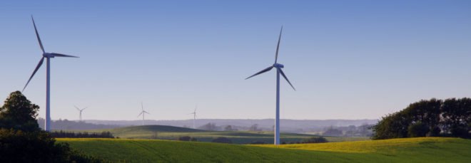 Wind turbines on hilly landscape