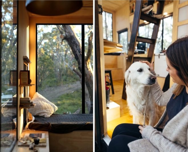 On the left, small reading nook near large glass windows. On the right, woman petting a blonde dog inside the cabin.