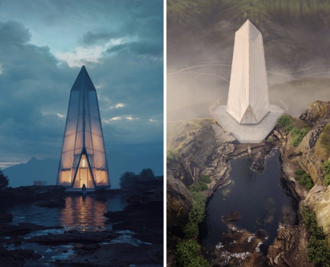 two towering pyramid-like structure