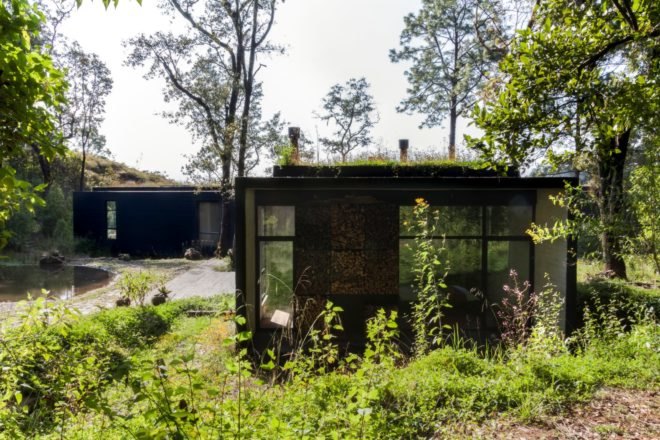 a black home surrounded by lush forest