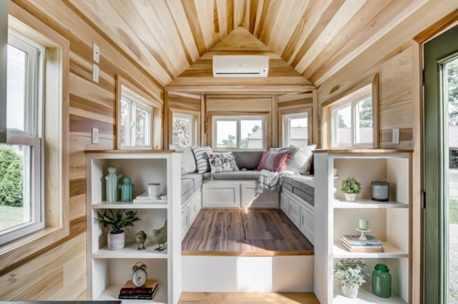 an elevated living room with shelving