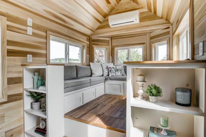 a large seating area with shelving
