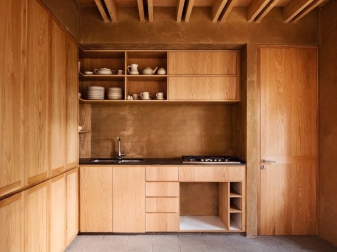 kitchen with light wood cabinetry