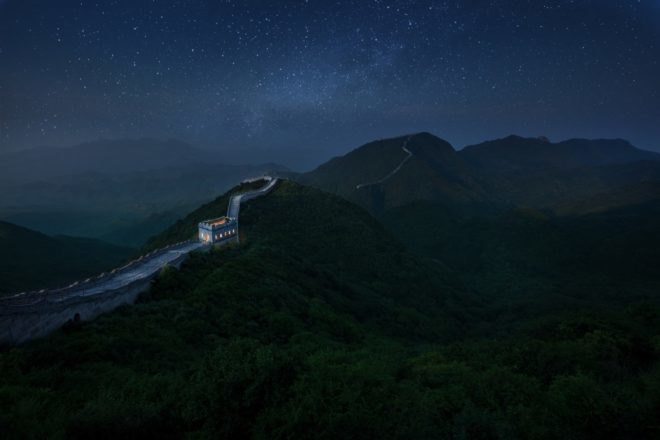 landscape shot of the great wall of china at night