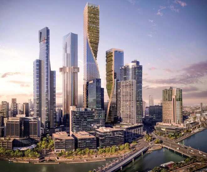 rendering of skyscrapers with green walls