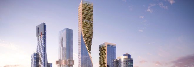 rendering of skyscrapers with green walls