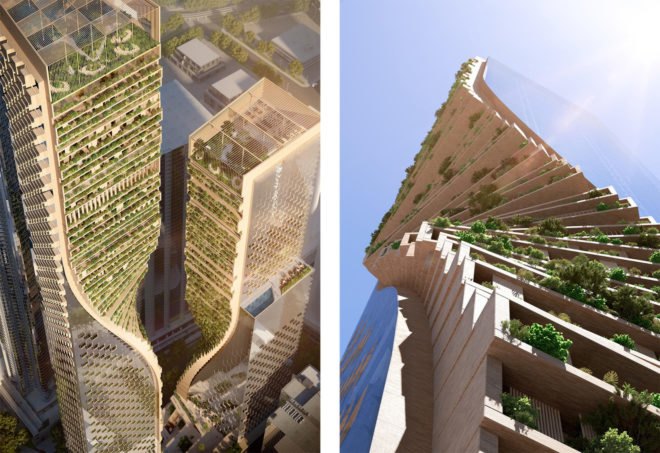 twisting tower with green wall