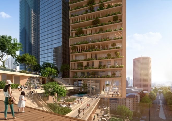 landscaped terrace with tall buildings in background