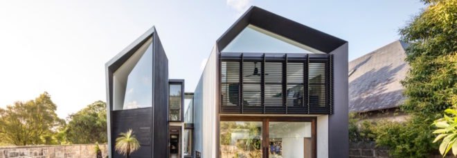 exterior of modern home that is split down the middle