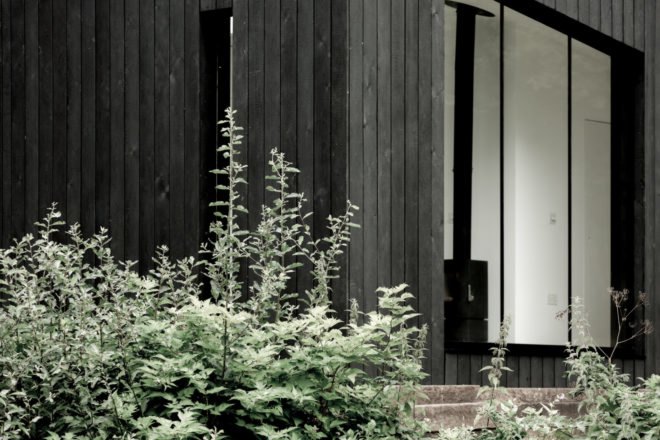 greenery in front of a black-clad cabin