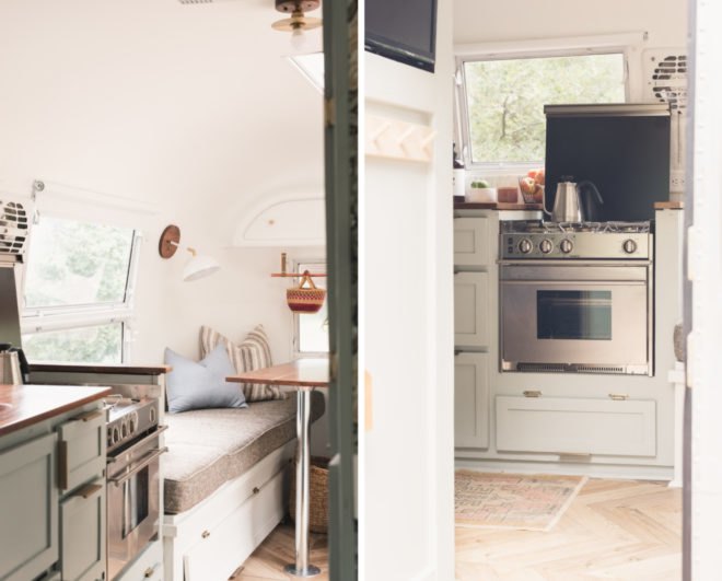compact kitchen and lounge area with green, gray and blue accents