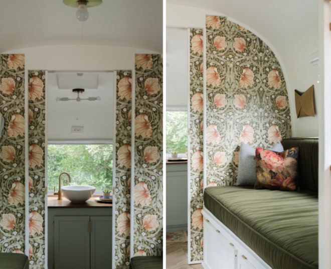 interior living space with green and pink floral wallpaper