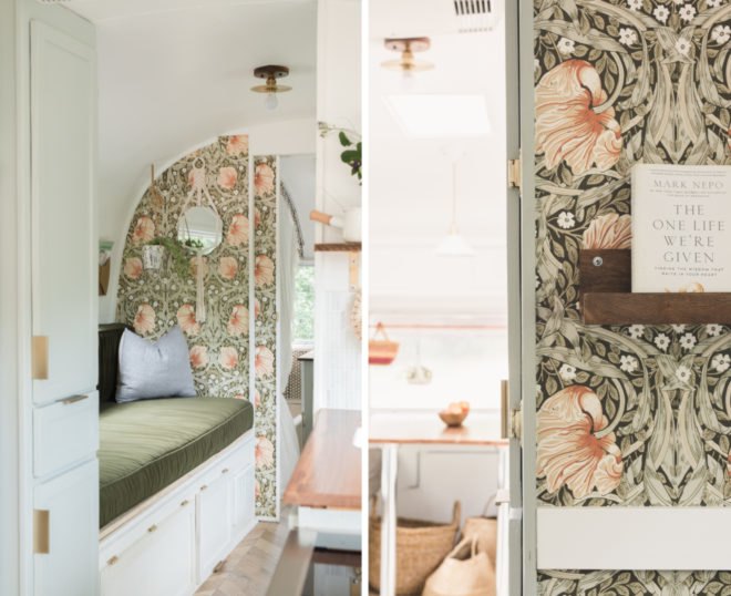 On the left, green seating area against green and pink floral walls. On the right, close up of floral wallpaper.