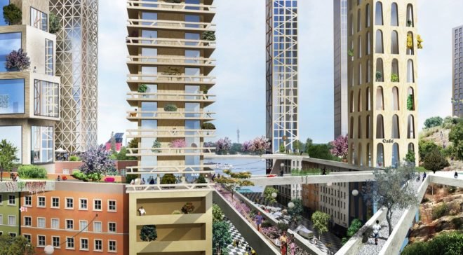 Rendering of walkways between timber skyscrapers