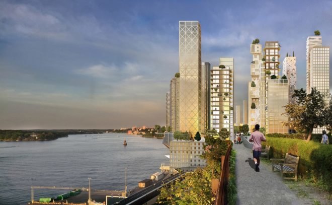 Rendering of tall wooden skyscrapers near water