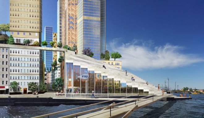 Rendering of walkway and seating steps by the water