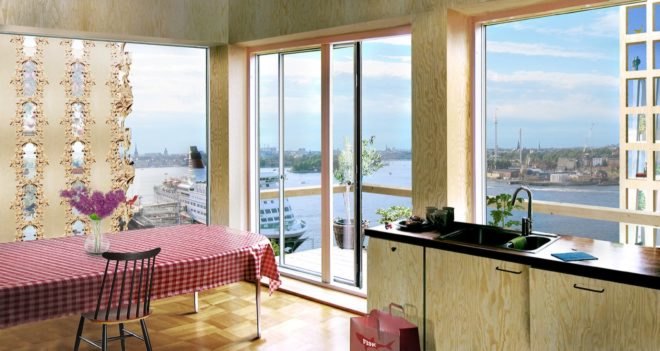 Rendering of timber lined interior with kitchen with timber cabinets and large dining table facing glass walls with water views