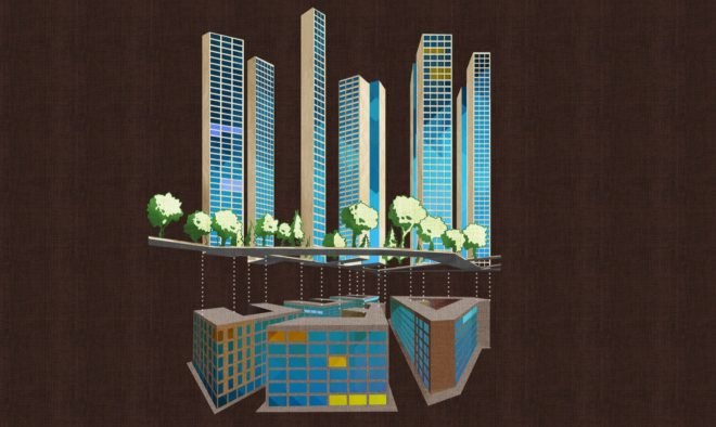 Diagram of wooden skyscrapers above existing structures