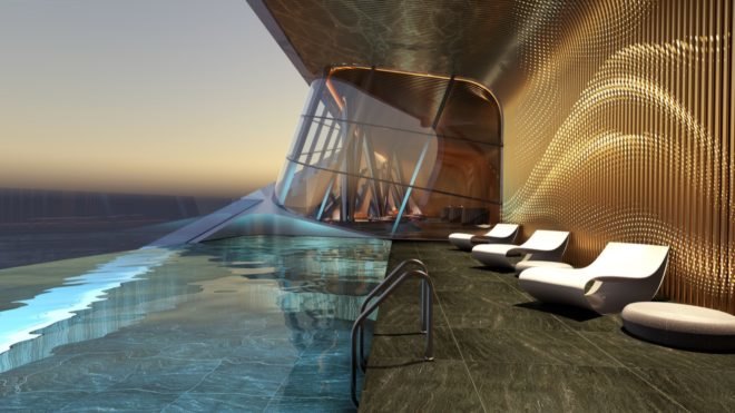 swimming pool with modern lounge chairs